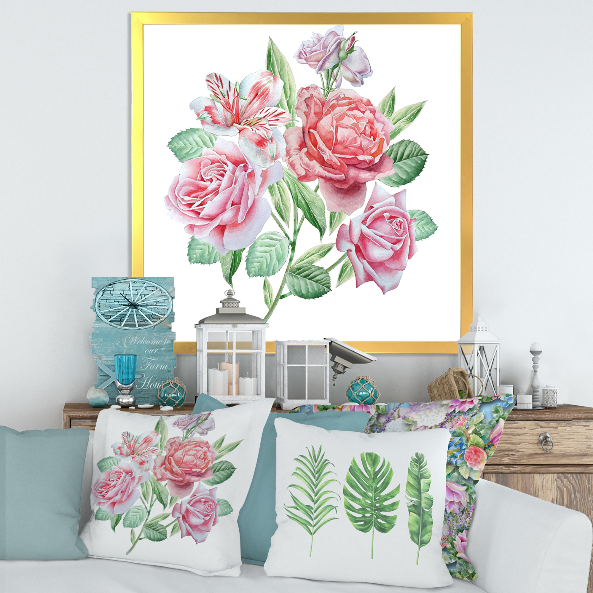 Spring Flowers Alstroemeria Pink Roses 36 in x 36 in Framed Painting Canvas Art Print, by Designart