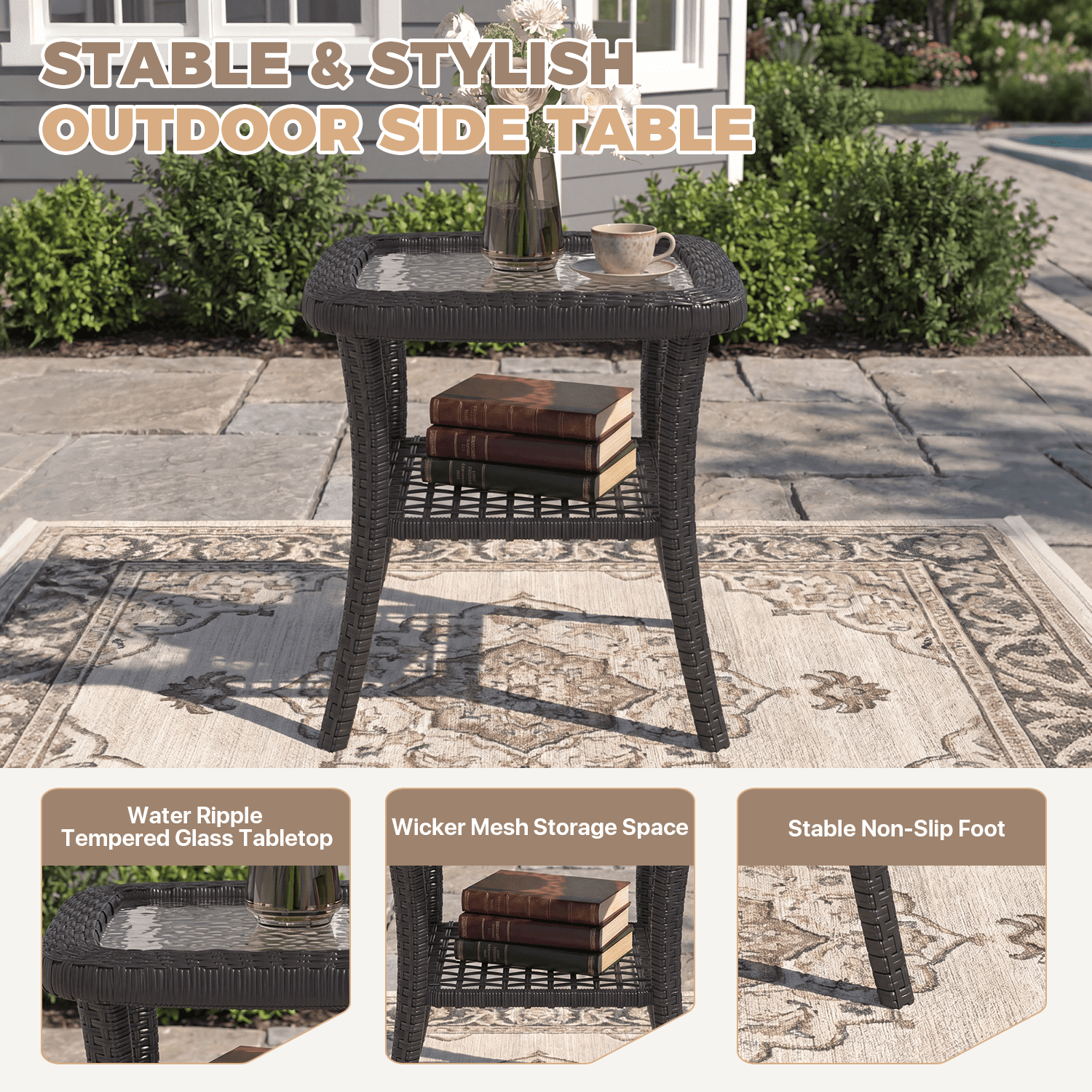 BaPiPro 7-Piece PE Wicker Patio Furniture Set with Swivel Chairs, Beige Cushions, Steel Frame & Glass Table, All-Weather for Patio, Garden & Poolside, Black Wicker