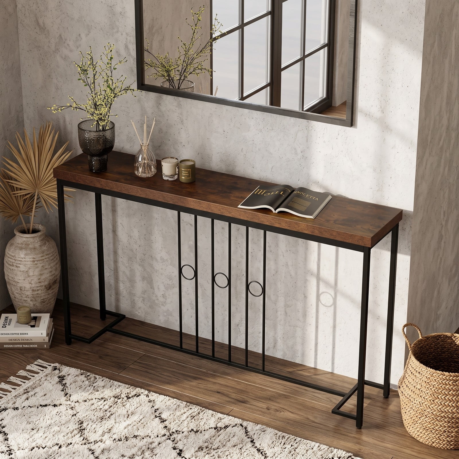 Furnibear 55 Inch Industrial Console Table with Spacious Wood Tabletop and H-Shaped Metal Base for Entryway and Living Room, Brown