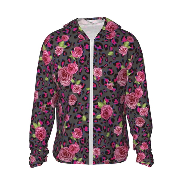 Balery Rose Mix Leopard 2 Sudadera ligera de manga larga con capucha y protección solar UPF 50+ para hombre y mujer, ideal para pesca y running-3X-Large