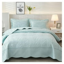 3-Piece 100% Cotton Oversized Bedspread Lightweight Quilt Coverlet Embroidery Farmhouse Bedding Set T0 (Aruba Blue, Queen (100"x106"))