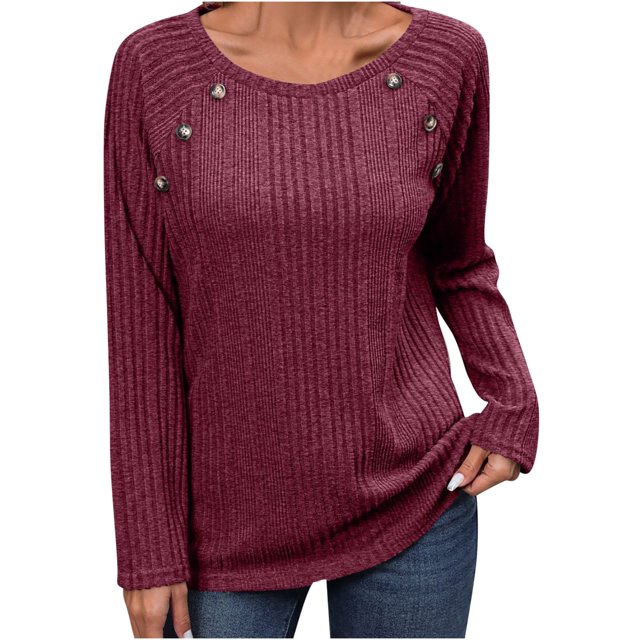 lcziwo Womens Blouses Trendy Ribbed Knit Button Sweaters Loose Fit Long Sleeve Crewneck Pullover 2024 Fall Solid Color Basic Tee Shirts Sales Today Clearance Red,XL