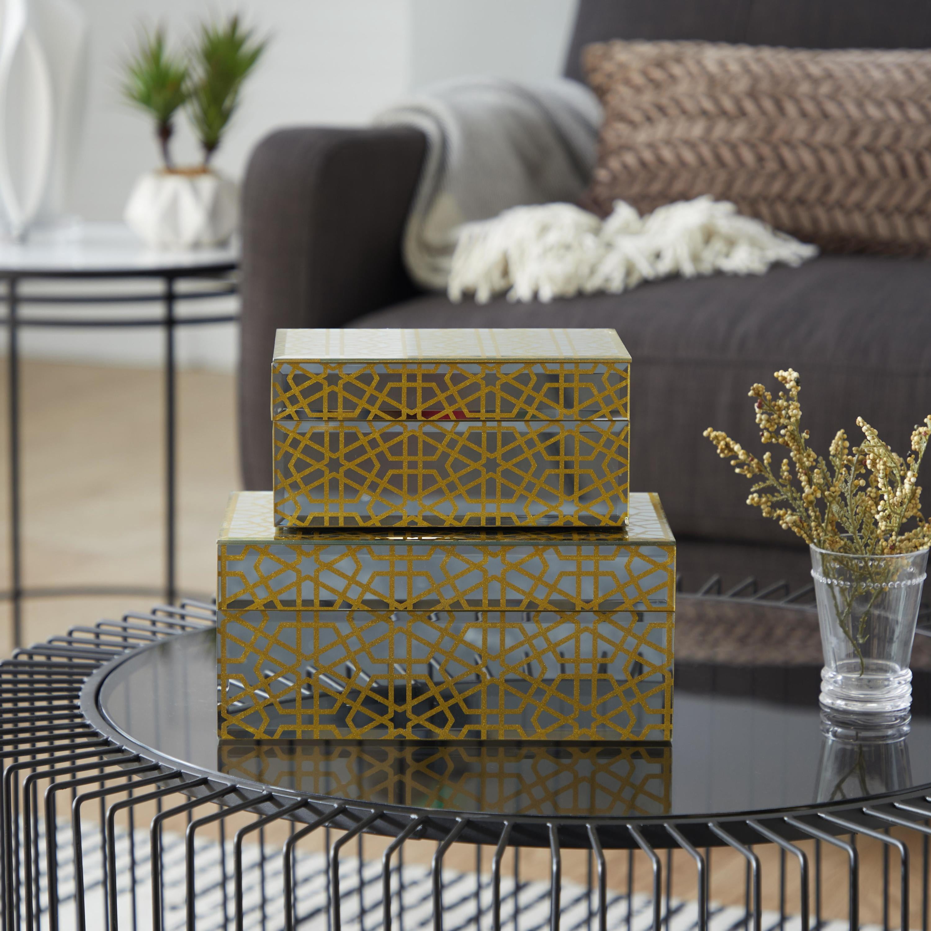 CosmoLiving by Cosmopolitan Geometric Hinged Lid Gold Wooden Decorative Box, 2 Count