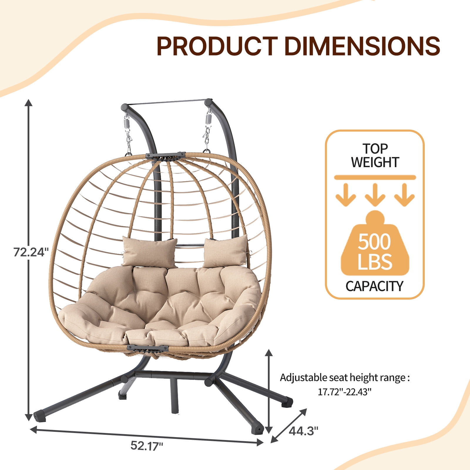 ELPOSUN Double Wicker Swing Egg Chair 2 Person Foldable Hanging Egg Chair with Stand, Porch Swing Loveseat for Patio, Balcony, Porch, Indoor，Outdoor, Beige