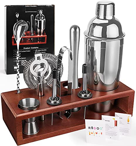 Mixing Spoon Hawthorne strainer Bar Kit Drink Mixer Shaker Set Including Martini Shaker Cocktail Shaker Set Bartender Kit with Stand 24 OZ for Tequila Whiskey Mojito Muddler Jigger 