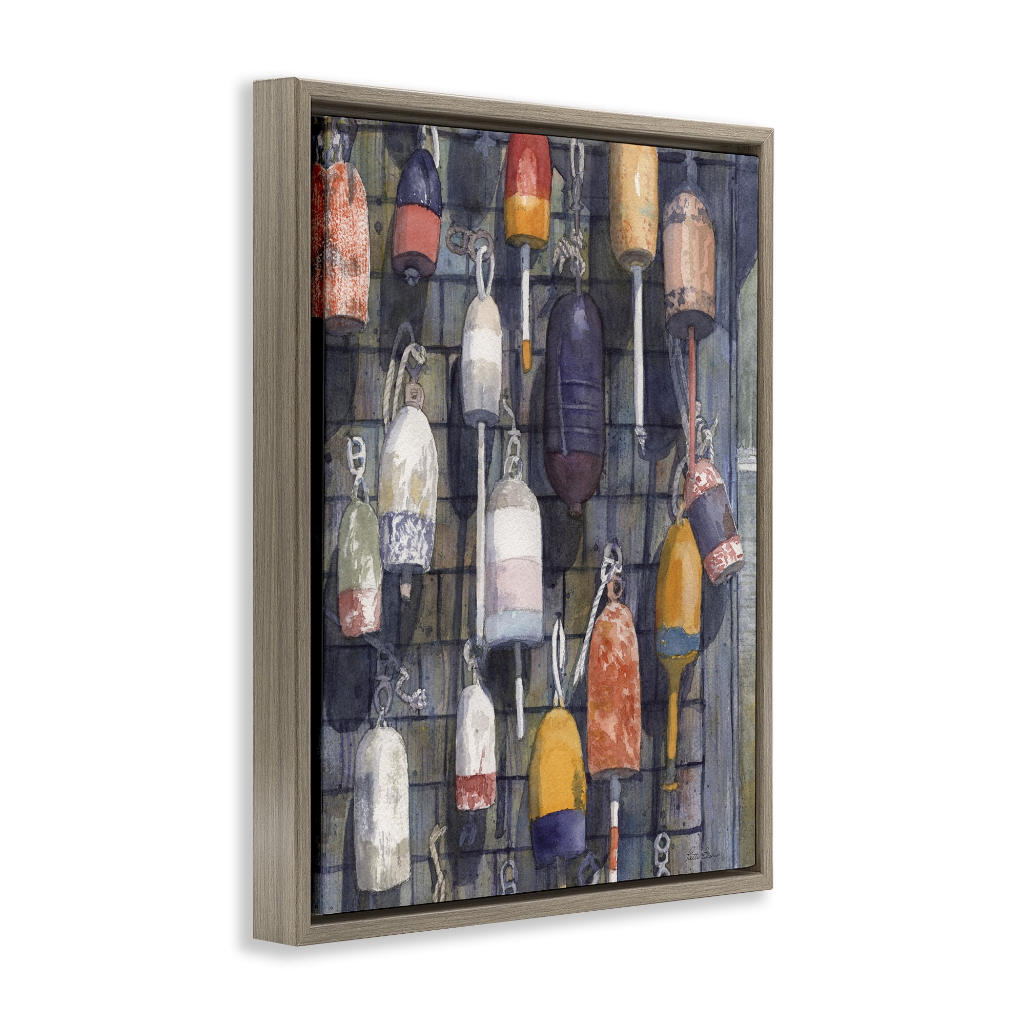 Stupell Industries Watercolor Hanging Buoys Brown Framed Floater Canvas Wall Art, design by Patti Bishop