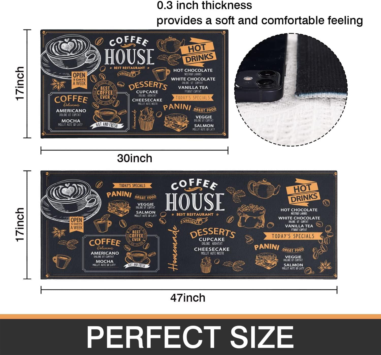 Black Coffee Theme Kitchen Rugs Set of 2,Cafe Kitchen Rugs and Mats Non Skid Washable,Black Kitchen Runner Rugs with Rubber Backing (Coffee House 17"x48"+17"x30")