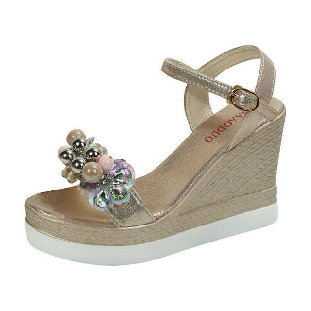 Sandales à Plateforme pour Femmes à Talon Compensé Haut, Bout Ouvert, Bride à la Cheville, Boucle Ajustable, Strass, Scintillantes, Chic Décontracté, Mode, Légères, Été, Talons Hauts, Or