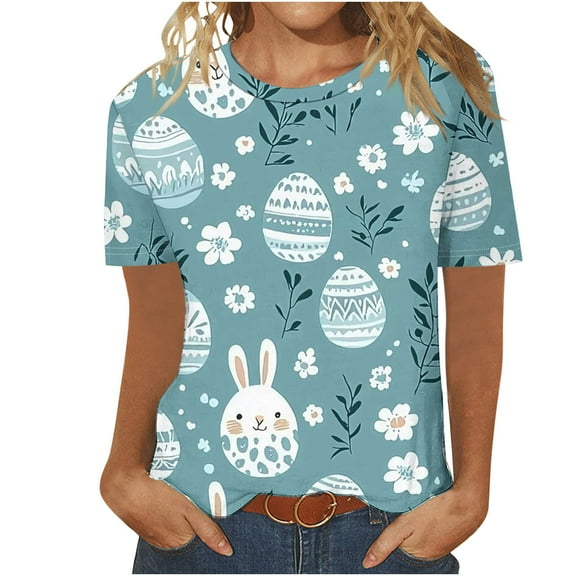 Womens Easter Tops 2025 Summer Fashion Casual Pullover Printed Short-Sleeved Round Neck Top for Spring