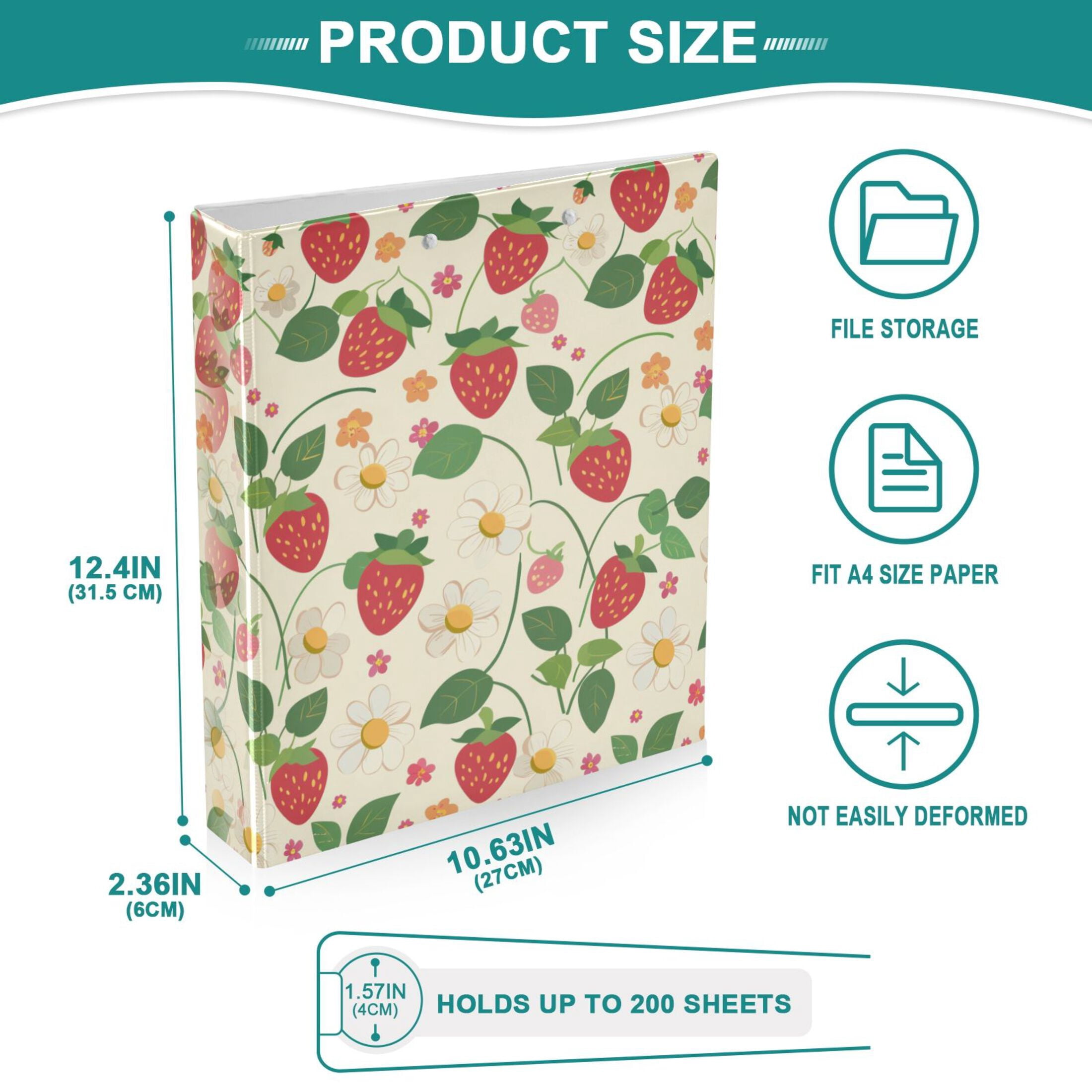 joogoo Strawberry and Daisy Flower Hardcover 3 Ring Binder 1.5" Round Rings Interior Pockets Binders Organizer 1 Pack