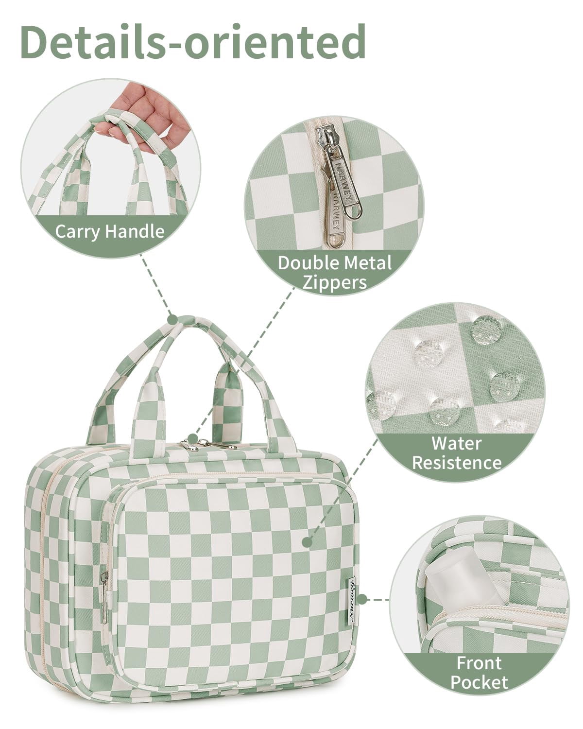 Checkerboard Hanging Travel Toiletry Bag with Hook, Makeup Bags for Women Cosmetic Organizer Toiletries for Brush Shampoo Travel Essentials, Green