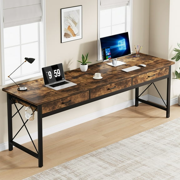 Condemo 78.7 inch Extra Long Computer Desk, Double Desk with 3 Drawers, Two Person Desk with Hooks, Industrial Writing Study Table Workstation for Home Office, Rustic Brown and Black
