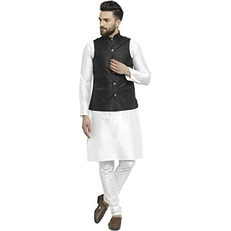 

Royal Kurta Men s Silk Blend Kurta Pyjama & Nehru Jacket Set (42 White-Black)