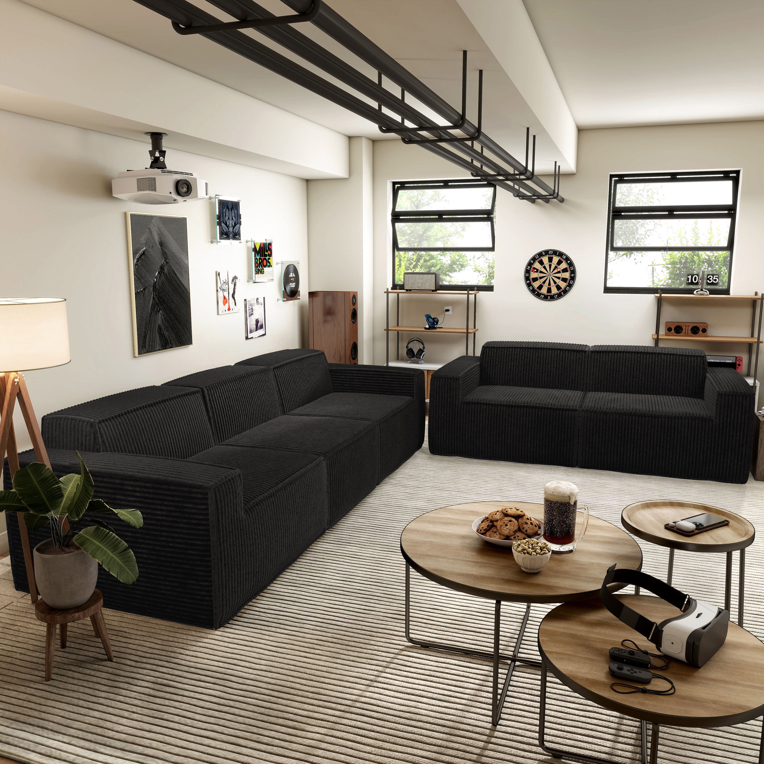 Furniture of America Solan Modern Chenille Modular Wide Track Arms 2-Piece Sofa Set with Sofa and Loveseat Black