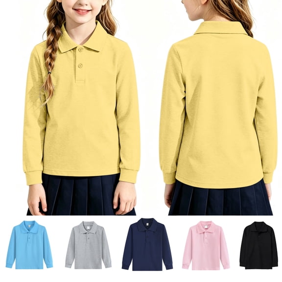 Mfakffe Kids School Uniform Long Sleeve Polo Shirt Back to School Button Closure Comfortable Breathable Fabric