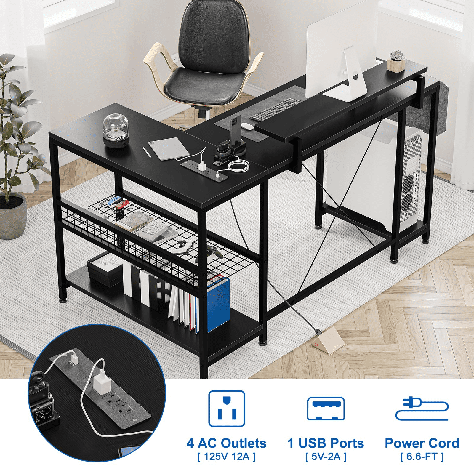 Jojoka 49.6" Reversible L Shaped Computer Gaming Desk with LED Light & Power Outlets, Corner PC Desk with Storage Shelves & Monitor Stand, Home Office Desk, Writing Desk, Workstation, Black