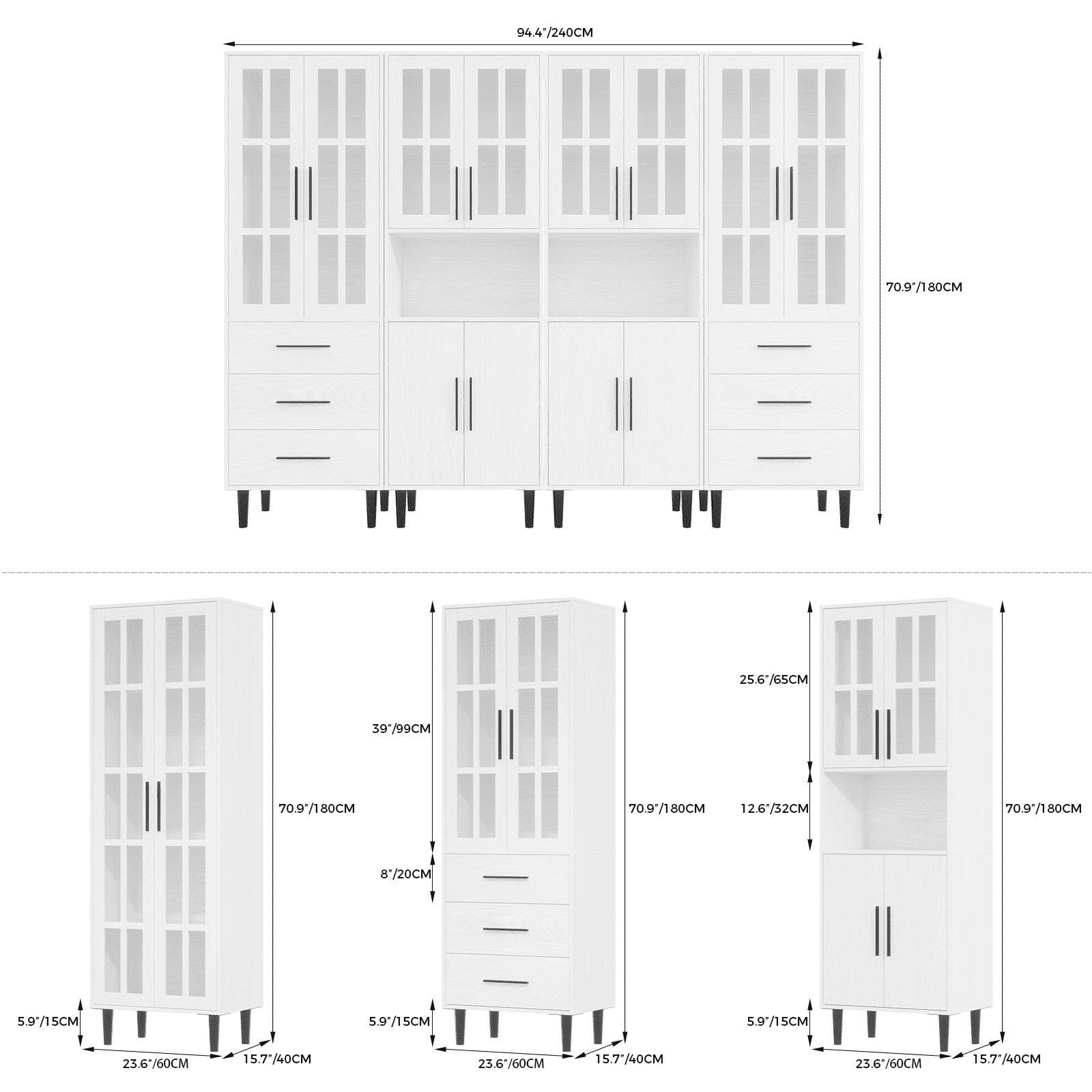 RichYa 4Pcs Pantry Storage Cabinet Set,Modern Sideboard Buffet Cabinets with Drawers & Display Glass Doors for Kitchen,Dining Room,White(BBCC)
