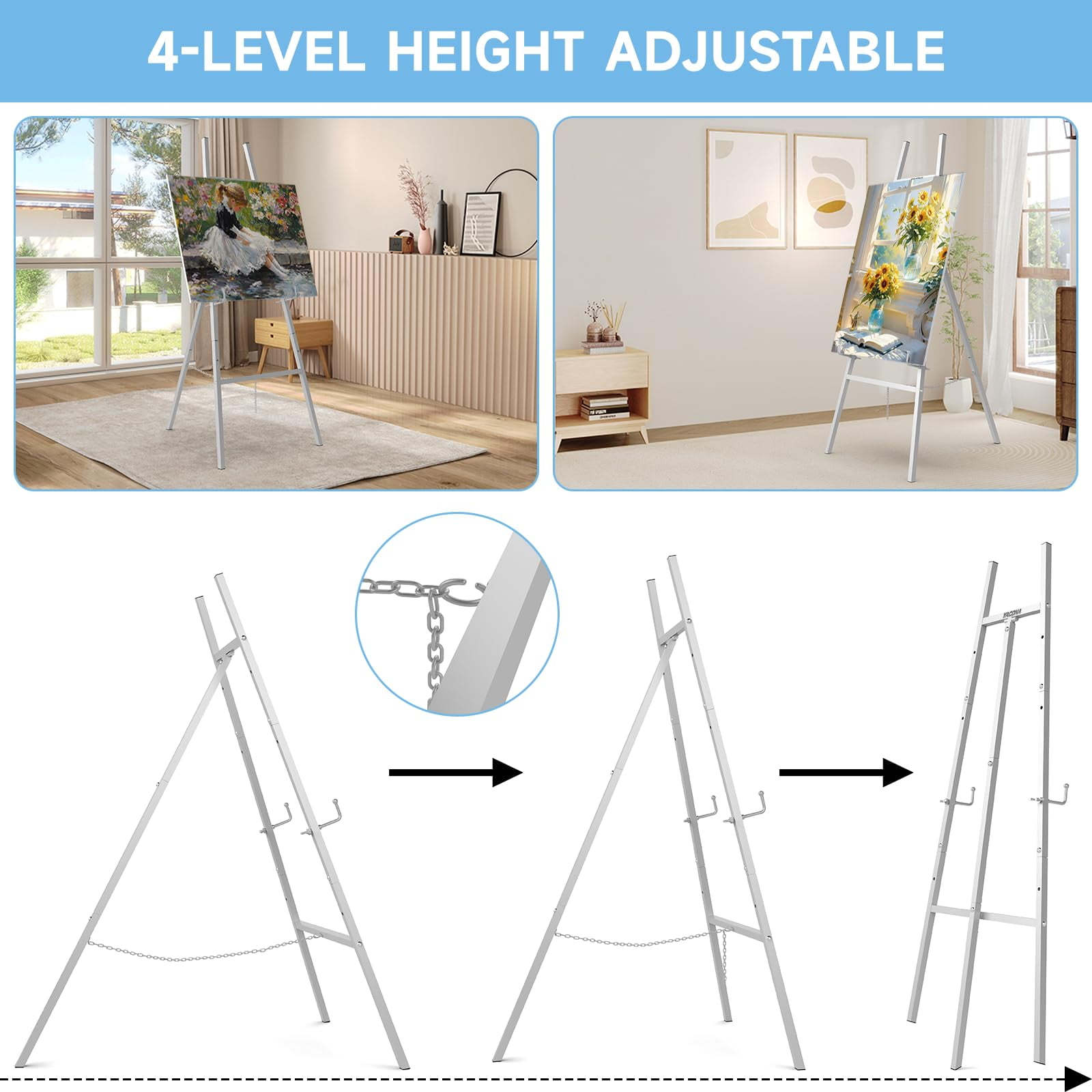 Yacona Easel Stand for Sign, Adjustable Metal Easels for Display with Adjustment Chain, Heavy Duty Poster Stand, for Wedding Sign, Poster, Painting, Displays, Sliver
