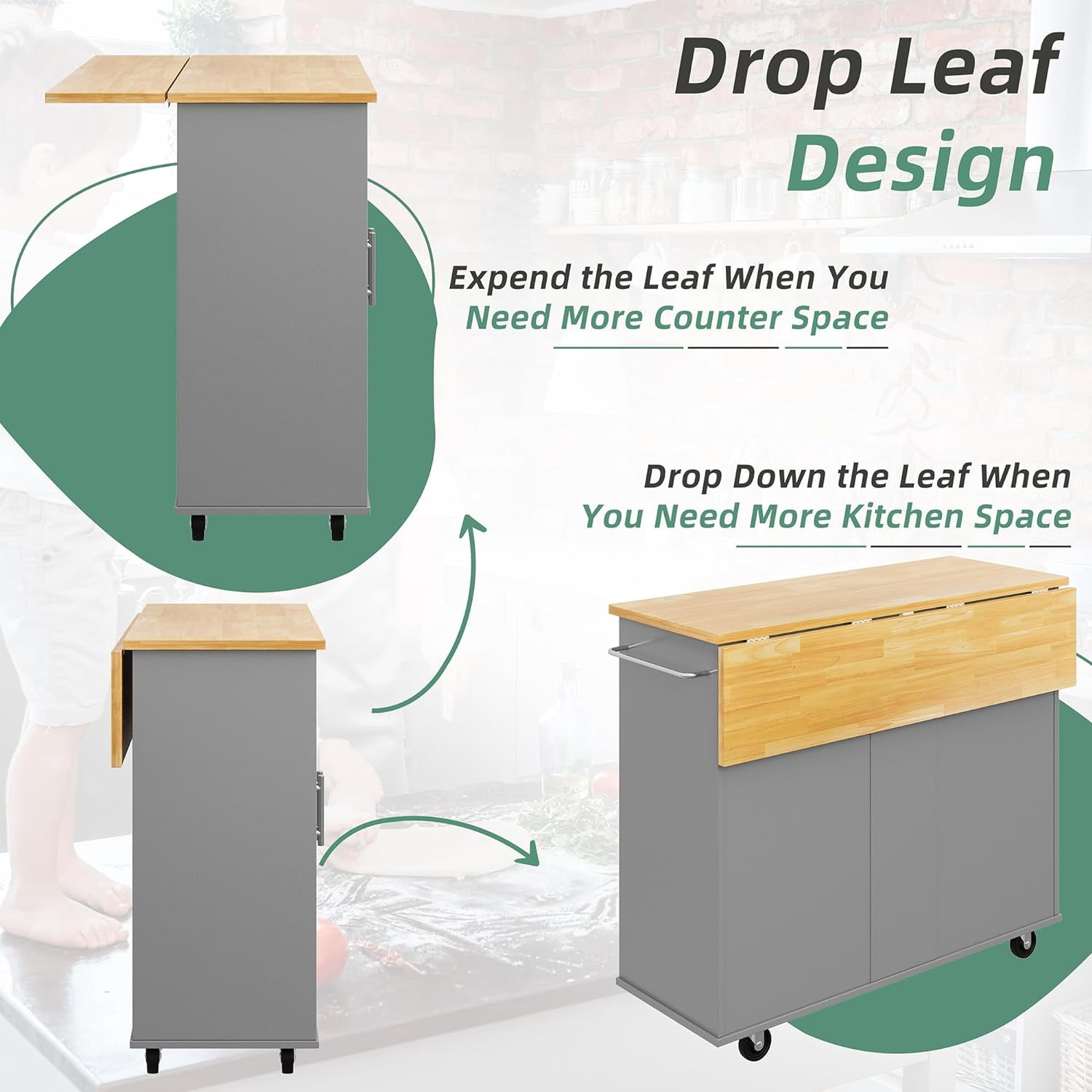 Sobaniilo Rolling Kitchen Island Cart with Folding Drop Leaf Breakfast Bar, Portable Trolley Island with Large Storage Cabinet, Shelf and Drawer, Grey