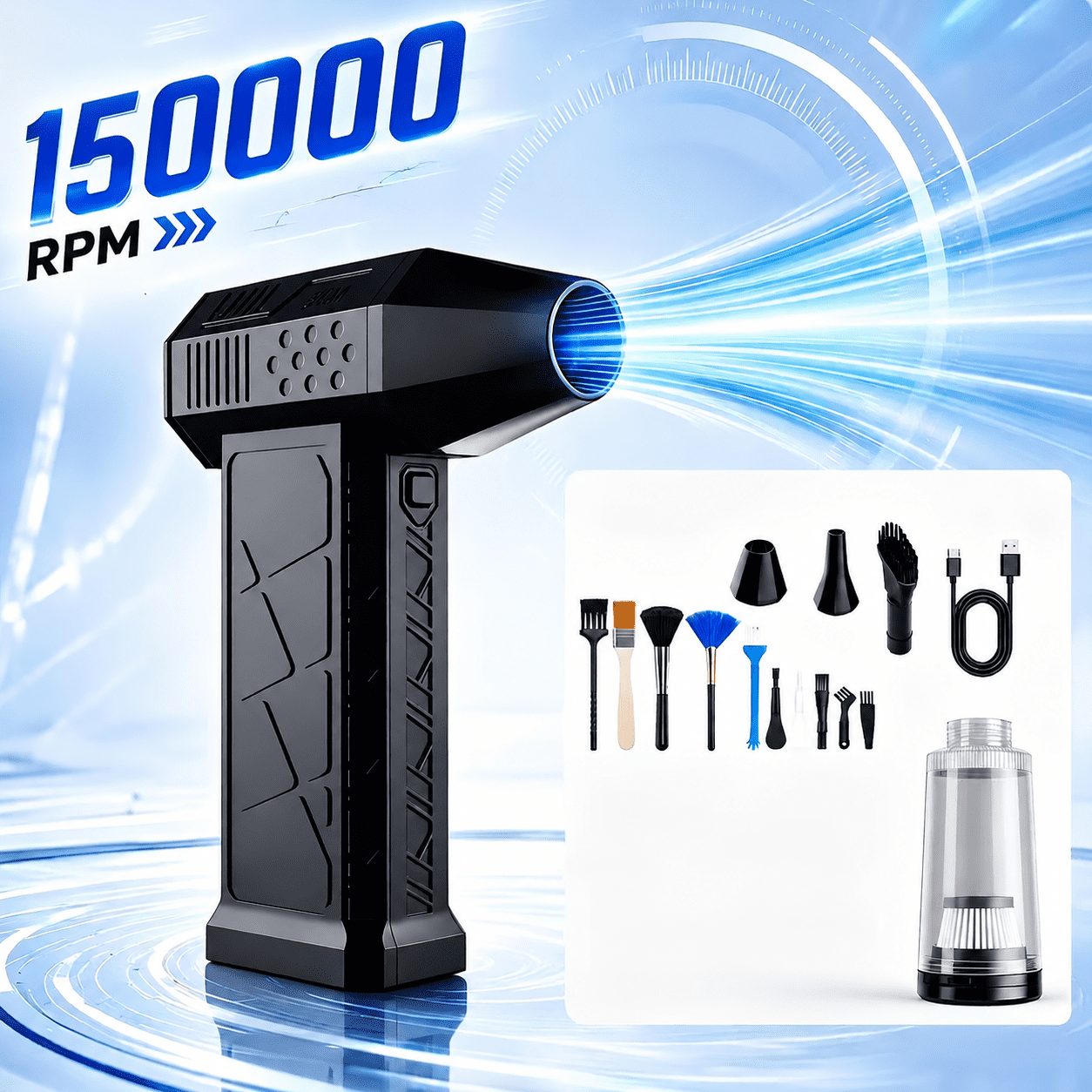 150000RPM Super Turbo Fan, High-Power Brute Force Fan, USB-C Fast Charging, Adjustable Wind Power, Rechargeable Air Blower, Suitable for Computer Cleaning, Car Cleaning And Dust Removal, Leaf Blowing