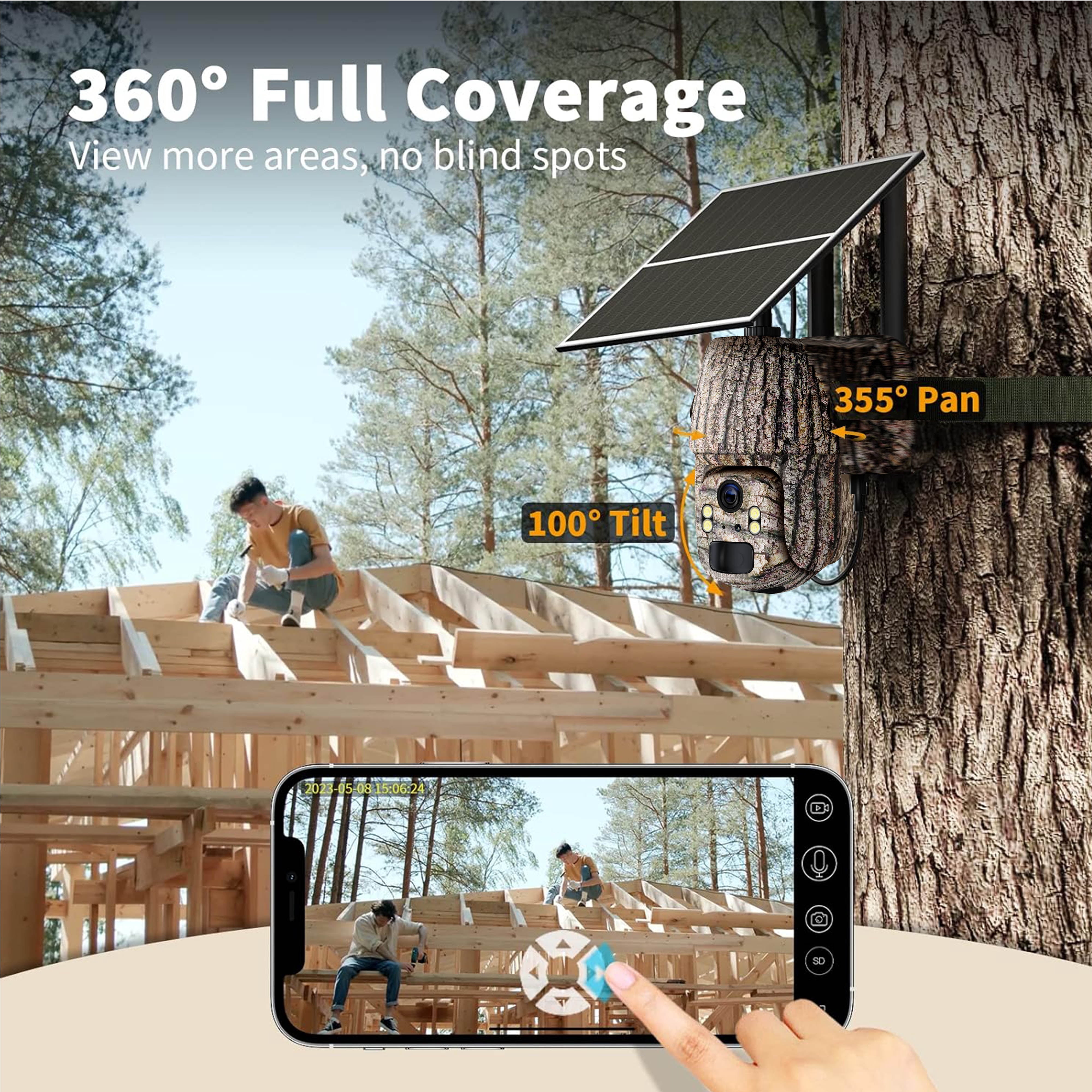 GMOX 4G LTE Cellular Solar Security Camera, Camouflage Wireless PTZ Outdoor Camera, 360° View, 2K Color Night Vision, No WiFi Needed for Farm & Hunting