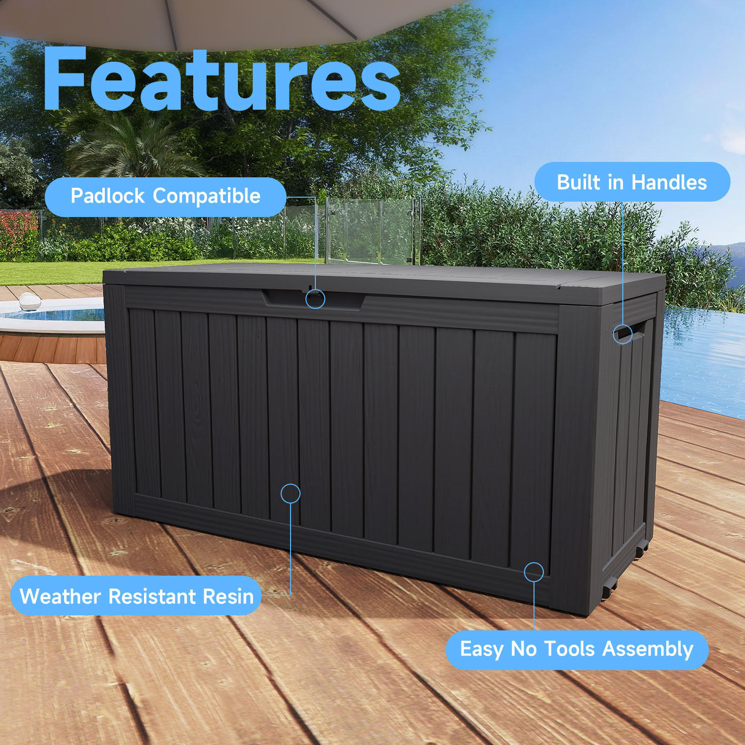 MAYEERTY 75 Gallon Outdoor Deck Box, Large Capacity Storage Box for Patio Furniture Cushions, Pillow Outdoor Indoor, Black