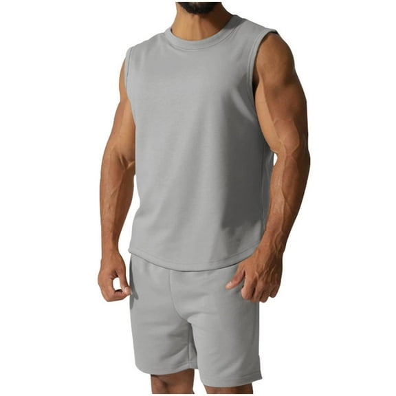 Busydd Mens Workout Sets Round Neck Sleeveless Tops and Shorts 2 Piece Sets Comfy Breathable Solid Color Summer Outfits for Men Casual Athletic Loungewear Set
