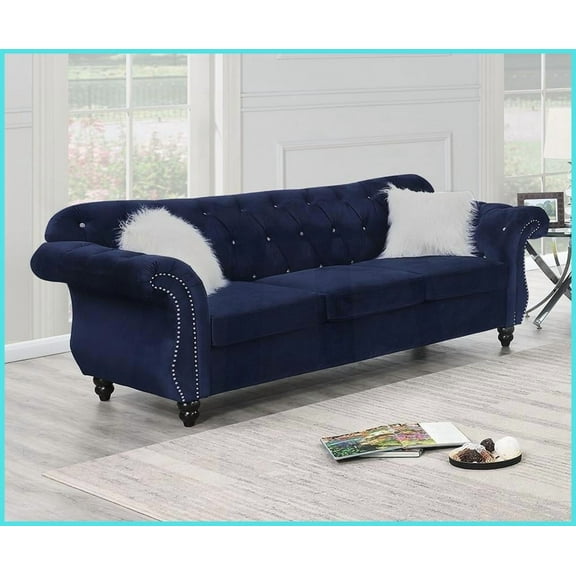 Indigo Velvet Formal Luxury Sofa with Pillows – 93” Wide Living Room Couch with Crystal Tufting & Silver Nailhead