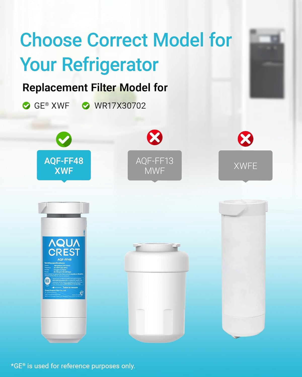 AQUA CREST XWF Refrigerator Water Filter, Replacement for GE® WR17X30702, Compatible with GE® GNE27, GFE26, GDE25, GSS25, PSE25 Series Refrigerators, NSF 42/372 Certified, 3-Pack (No-chip)