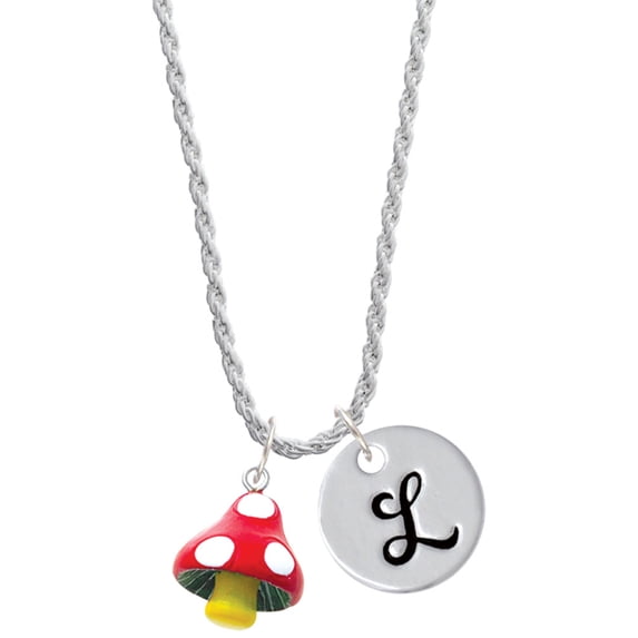 Delight Jewelry Resin Red Spotted Mushroom Silvertone Script Initial Disc - L - Charm Necklace, 20"+3"