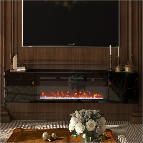 JERFIT 67 inch Modern High Gloss TV Stand with Storage, Honeycomb Design Media Console for Living Room, Black