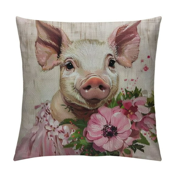 Qinduosi Pig Throw Pillow Case Cute Farm Animal with Pink Ballerina Dress Flowers Pillow Cover Decorative Square Accent for Sofa Chair White