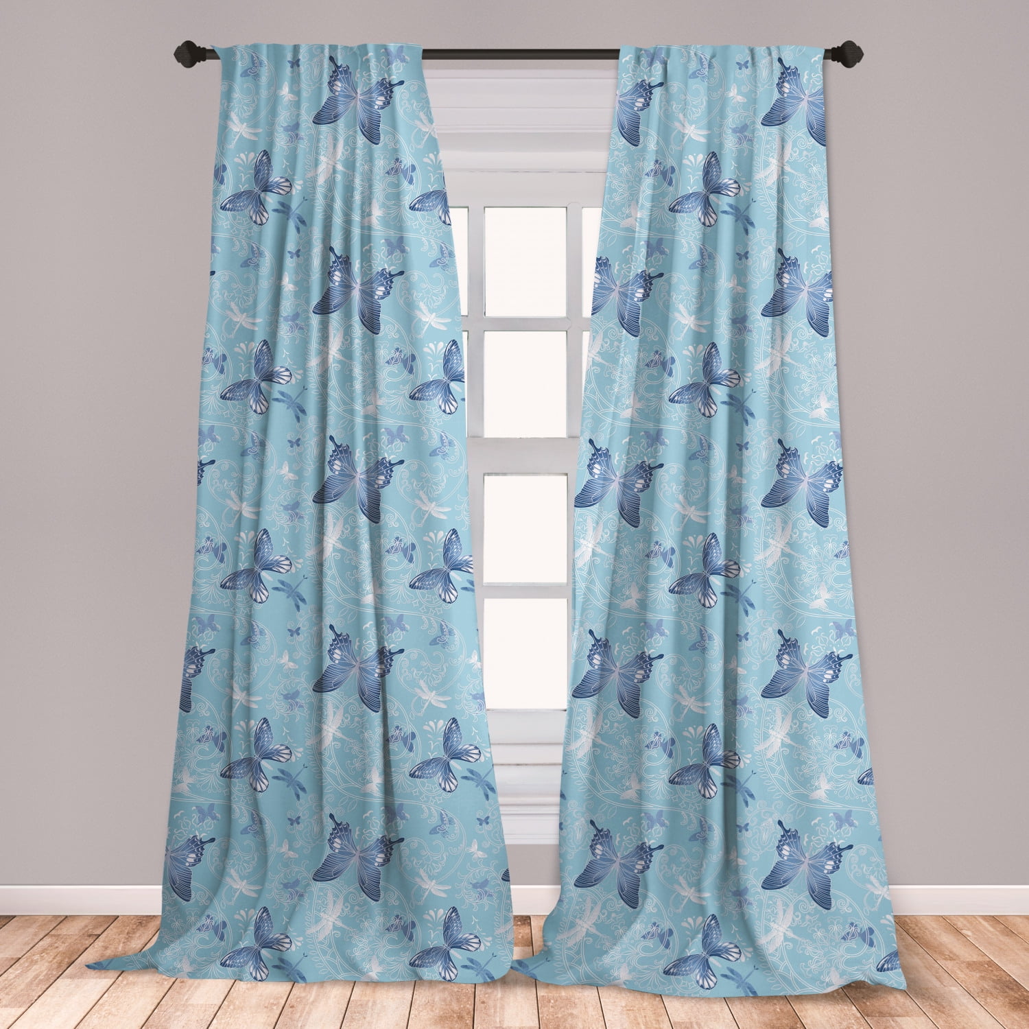 Butterfly Curtains 2 Panels Set, Blue Color with Dragonflies Floral