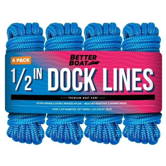 Better Boat Dock Lines Boat Ropes for Docking 1/2" Line Braided Rope 25 foot Nylon Rope Blue 4 Pk