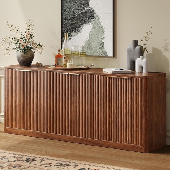 Evermagin 67"W Sideboard Buffet Cabinet, Mid-Century Modern Console Cabinet with 3 Storage Shelves and 6 Doors for Kitchen, Living Room, Walnut