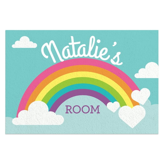 Personalized Planet 27x18 Girls Rainbow Bedroom Doormat with Custom Name Printed on Blue Rectangular 1/8” Thick Non Slip Mat with Clouds and Hearts Design
