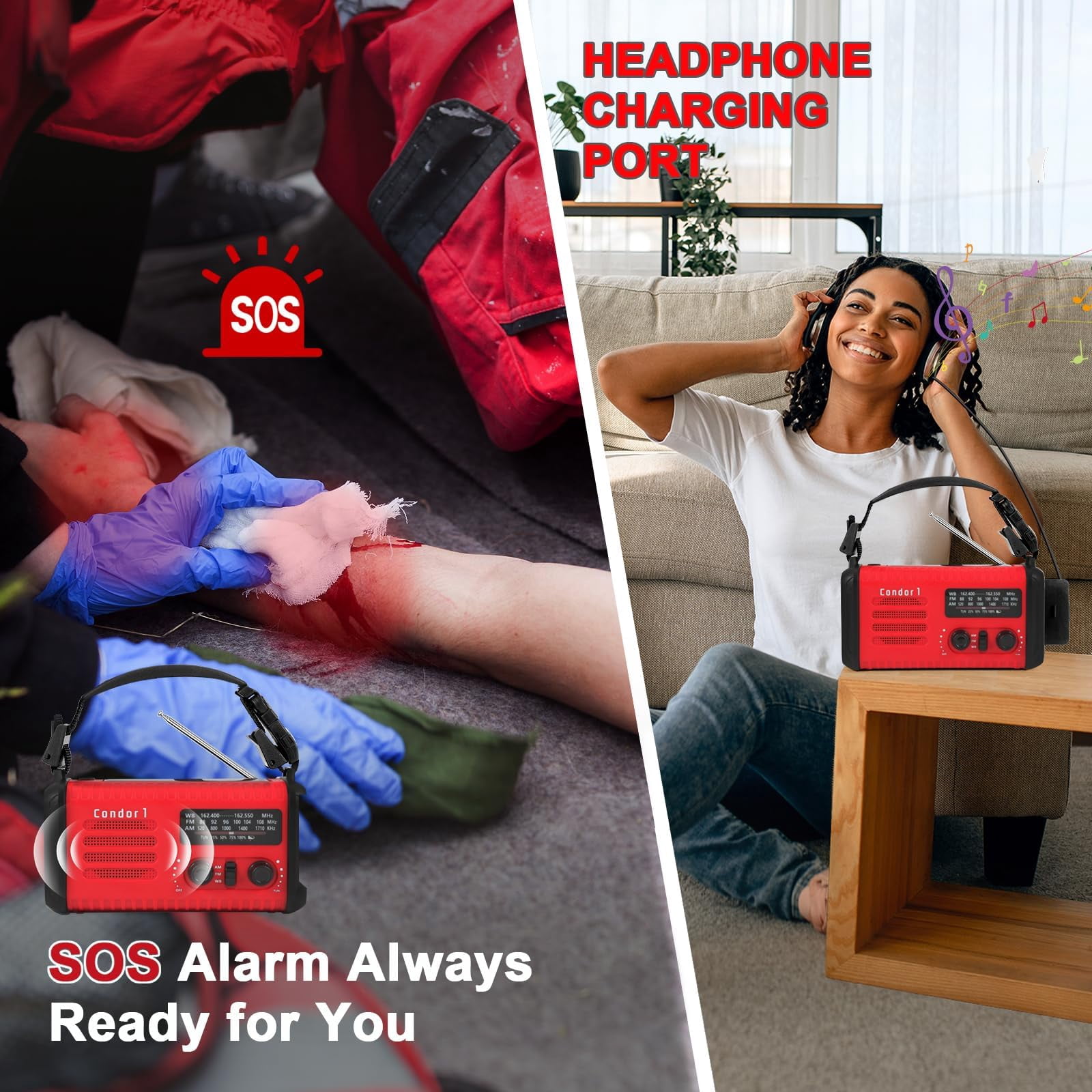 20000mah / 74000mwh Emergency Radio  Solar Hand Crank Am/fm/noaa Weather With Cell Phone Sos Alarm Flashlight & Reading Lamp (red)
