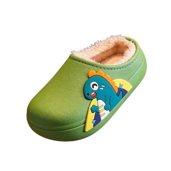 XUNKUSGA Toddler Slippers Cute Cartoon Non‑Slip Waterproof Kids Clogs Casual Closed Toe House Slides Warm Plush Lined Winter Indoor Outdoor Slippers for Little Girls Boys Green 2.5-3.5 Years