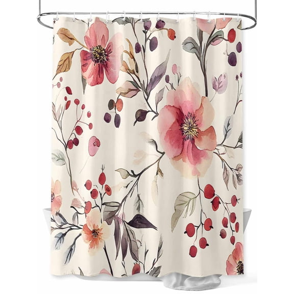 Shower Curtain Watercolor Pink Flowers Leaf Shower Curtains for Bathroom, Waterproof Polyester Shower Curtain Set with Hooks, Standard Size 66" x 72" Beige