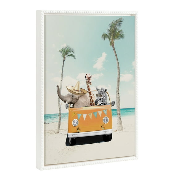 Kate and Laurel Sylvie Beaded Beach Adventures Vintage Framed Canvas Wall Art by July Art Prints, 18x24 White, Colorful Beach Animal Wall Art Decor