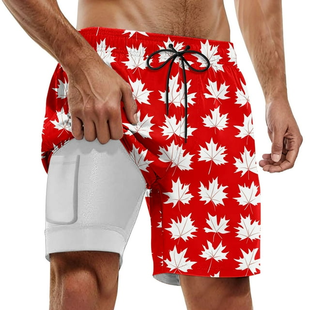 WILLBEST Men's Board Shorts for Beach Party and Everyday Use Loose Fit with Maple Leaf Print for Summer Style Comfortable and Stretchy Swim Trunks M Red-C