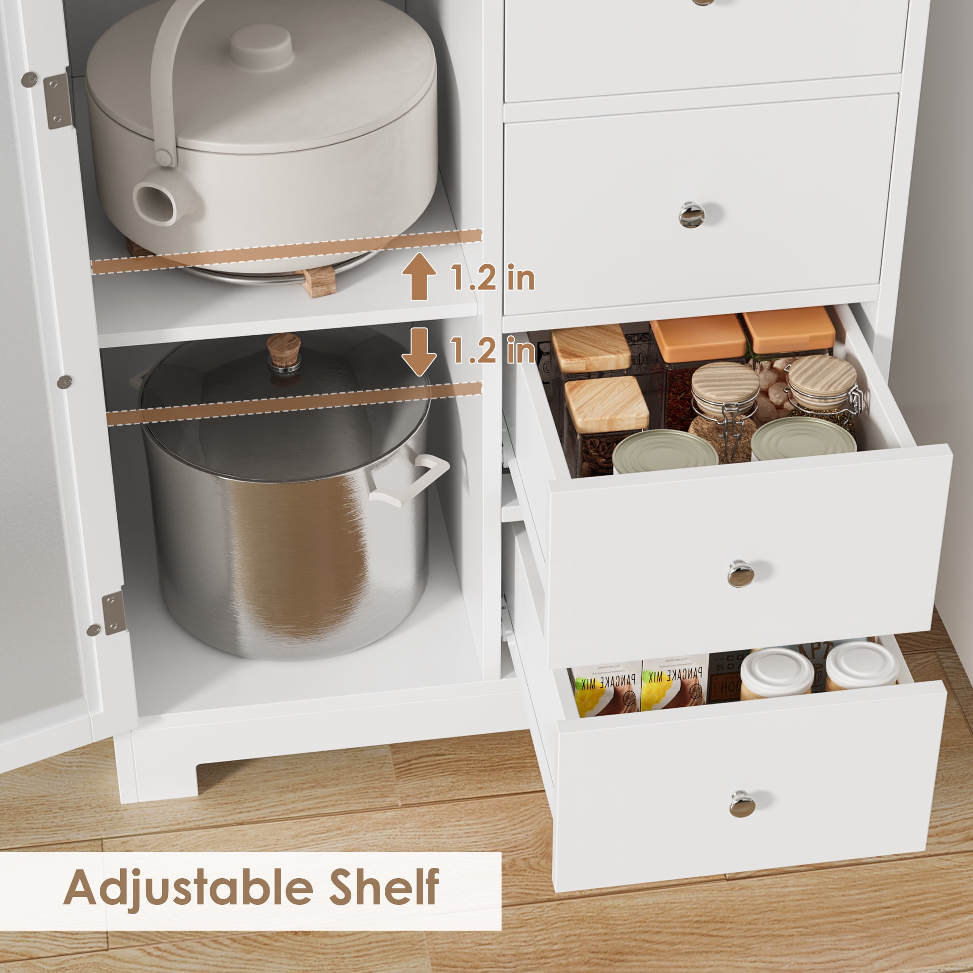 Homfa 64.1'' Kitchen Pantry with Microwave Shelf, 4 Drawers Storage Cabinets with Glass Door for Dining Room, White