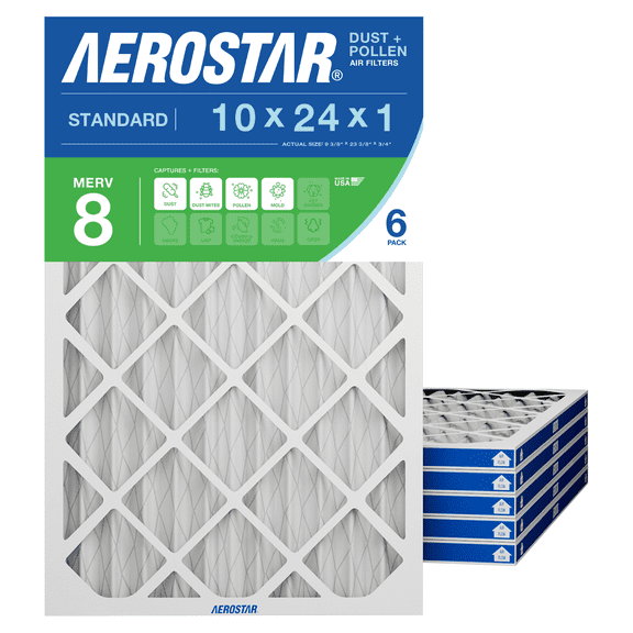 Aerostar 10x24x1 MERV 8 AC Furnace Air Filter, Pleated HVAC Filter, MPR 600 FPR 5, Allergen Defense, 6-Pack, Made in USA