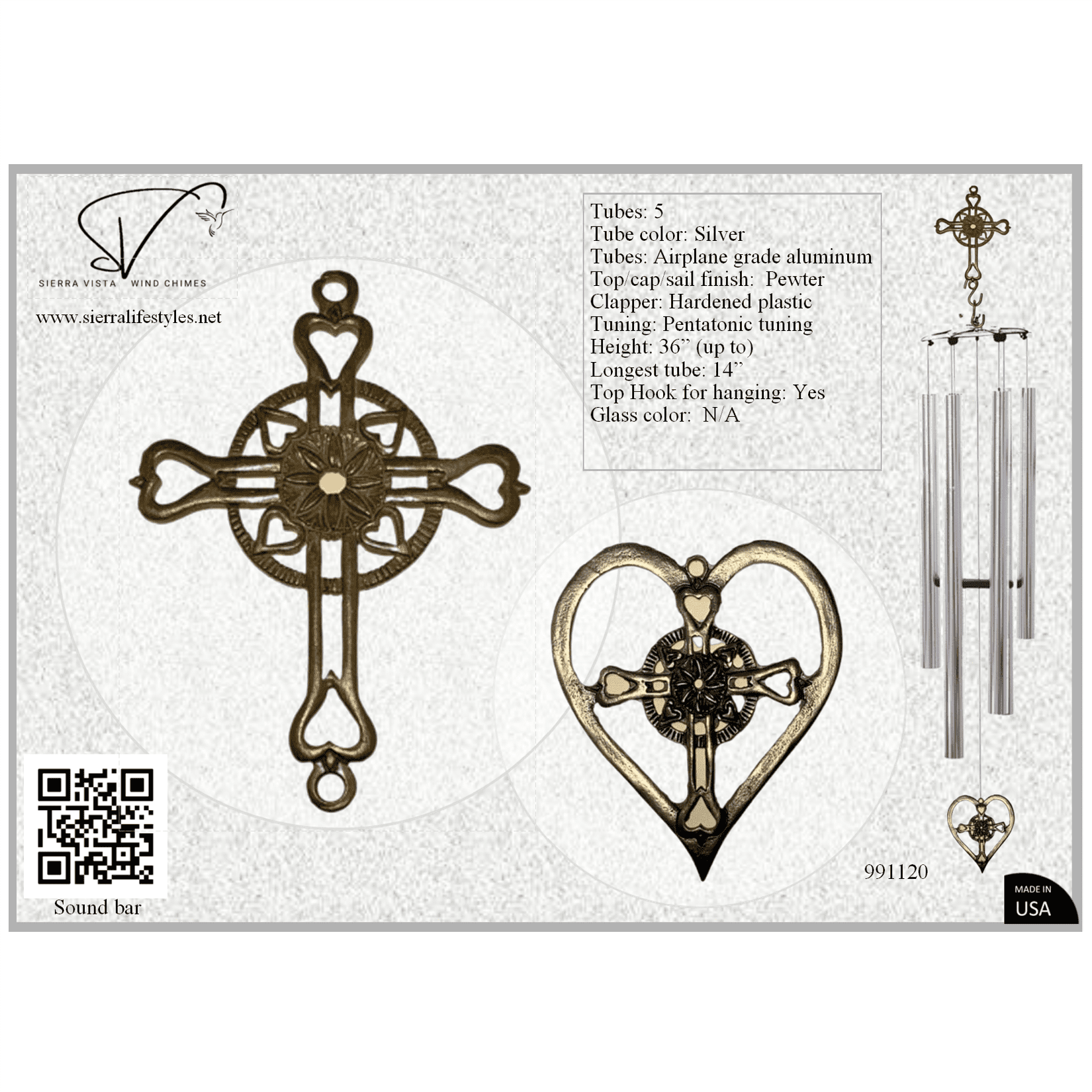 Wind Chime - 36in Cross/Heart - Silver Tube