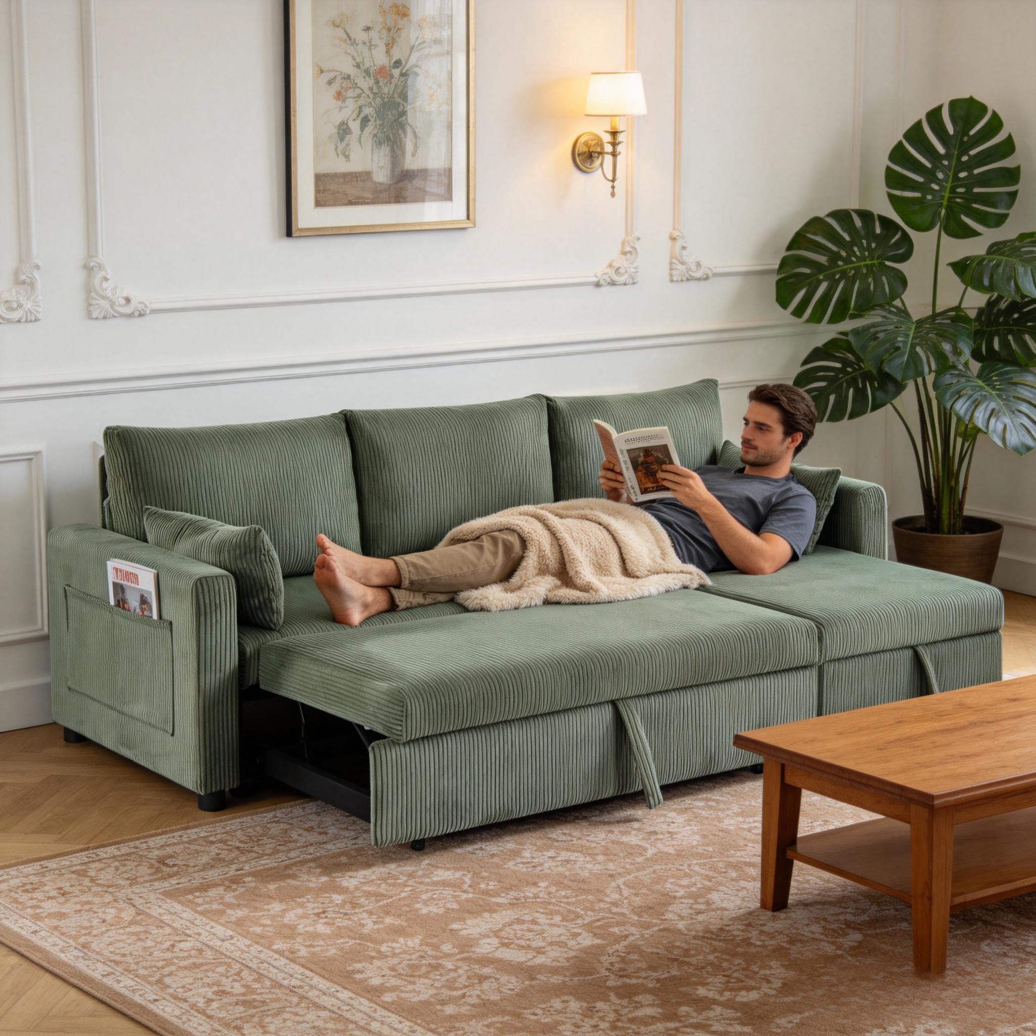 BSHTI L-Shaped Pull-Out Sleeper Sofa Bed with Storage Chaise, 3-Seater Convertible Corduroy Sectional Couch, Solid Wood & Iron Frame, Olive Drab