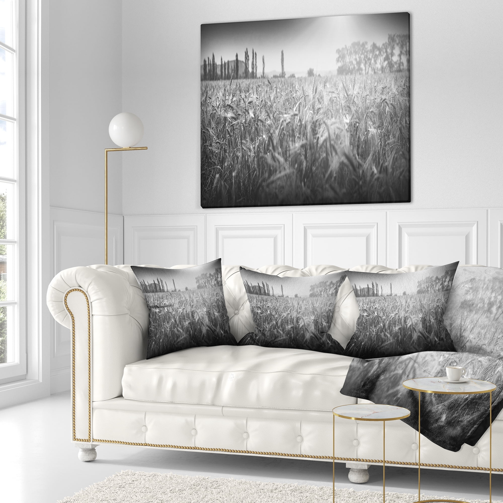 Designart Black and White Wheat Field - Landscape Printed Throw Pillow - 16x16