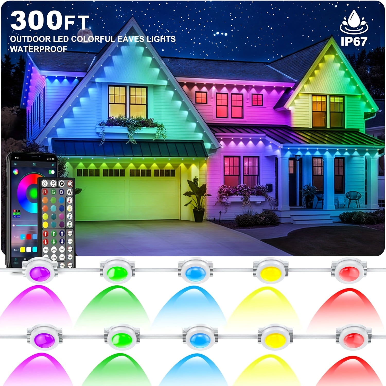500ft/150M Permanent Outdoor RGB LED Eaves Light Strip - IP67 Waterproof, for Christmas Halloween Garden Outdoor Decor, Long-Lasting Holiday Lighting