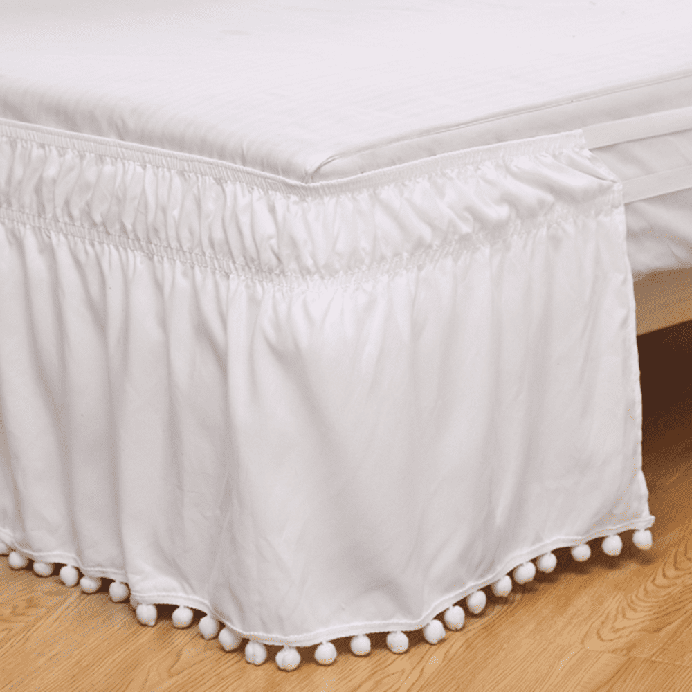 Pom Pom Bed Skirt with Adjustable Elastic Belt, Easy Wrap Around Dust Ruffles with 15 Inch Tailored Drop White Full(54"X75")
