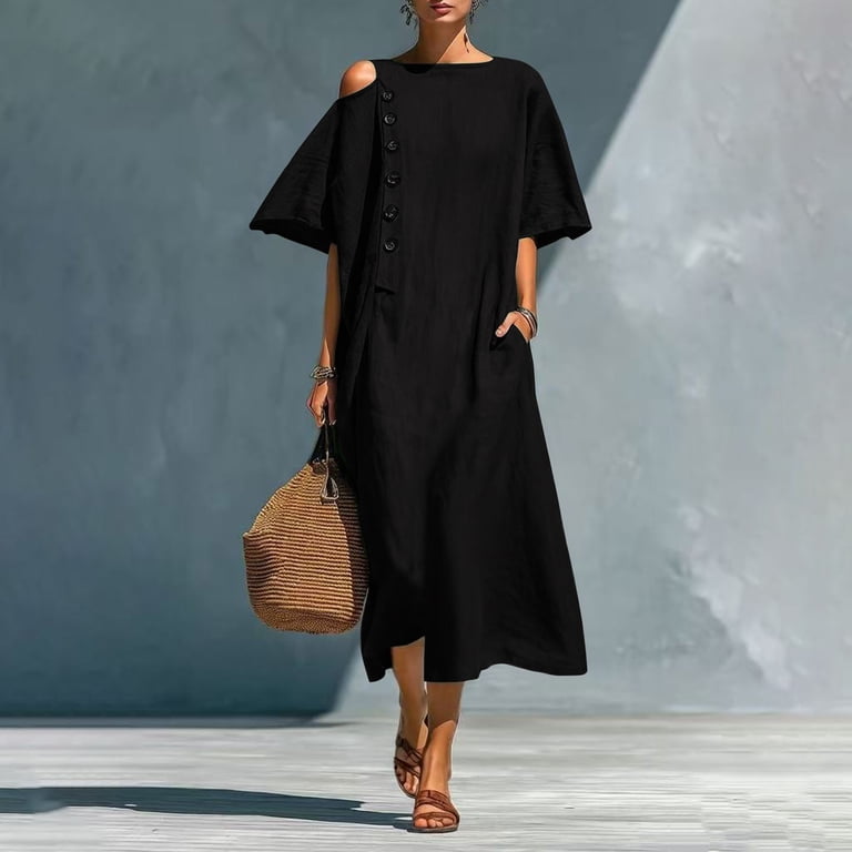 one shoulder black dress casual Kvture Women's One Shoulder Maxi Dress Half Sleeve Crew Neck Button Dresses  Casual Beach Bohemian Long Dress Red Dress S