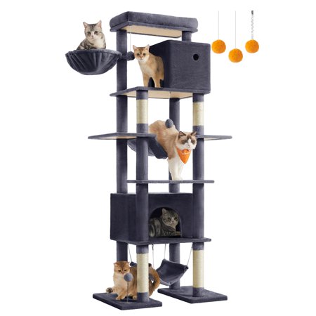 Cat Tree, 79.1 Inch Tall Cat Tower for Indoor Cats, Multi-Level Large Cat Condo with 4 Scratching Posts, 2 Hammocks, a Perch, 2 Cat Caves, Anti-Tip Kit, Dark Gray